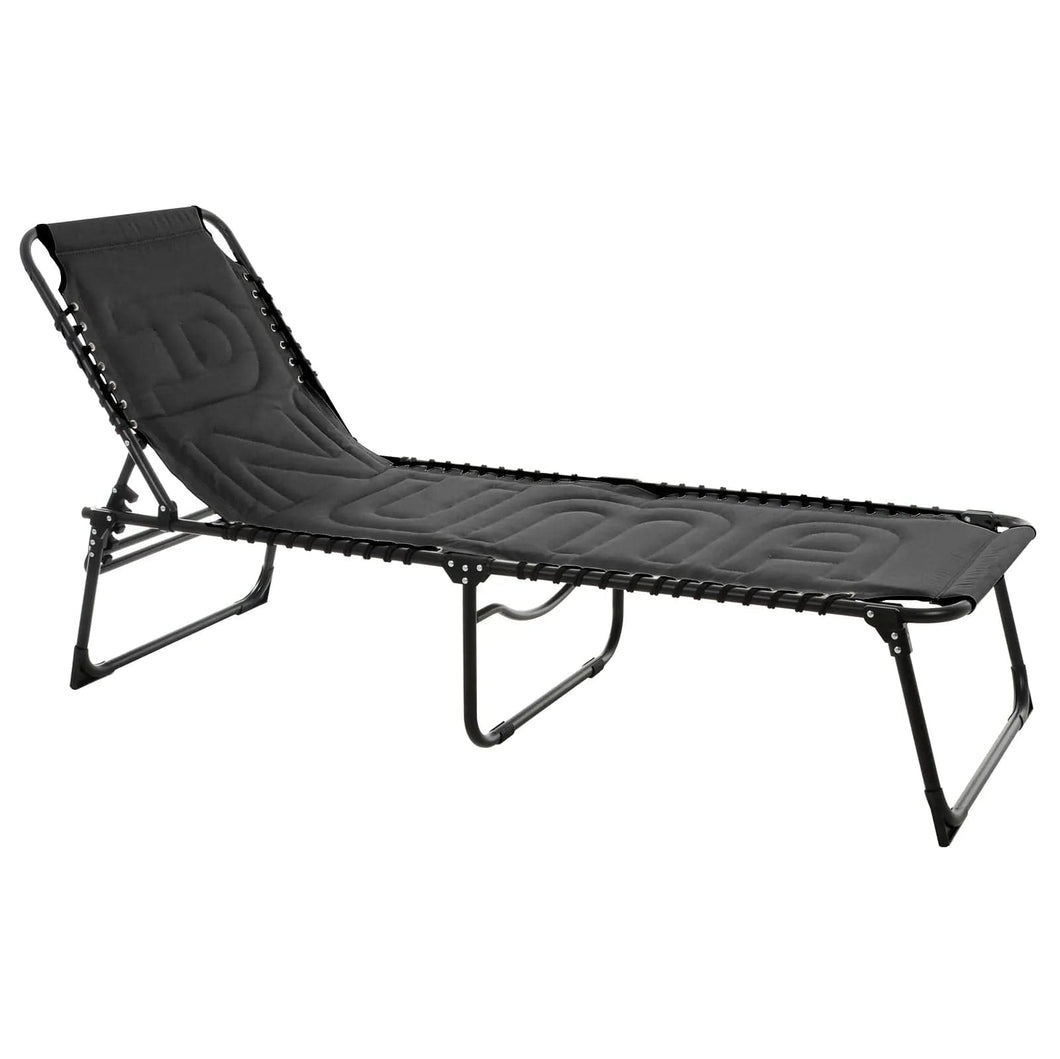 Black padded sun lounger with adjustable back rest and brand stitching