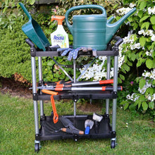 Load image into Gallery viewer, 3 tier garden cart in garden with watering can, weed killer, and garden tools stored across the tiers
