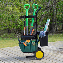 Load image into Gallery viewer, Garden tool caddy with wheels, filled with long handled tools, hand tools, gloves, seeds and other accessories in a garden
