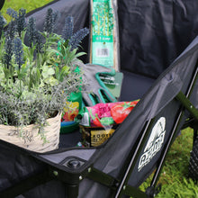 Load image into Gallery viewer, shot of garden cart large storage interior with lavender plants, multi purpose comport, harden gloves, plant ties and miracle gro inside 
